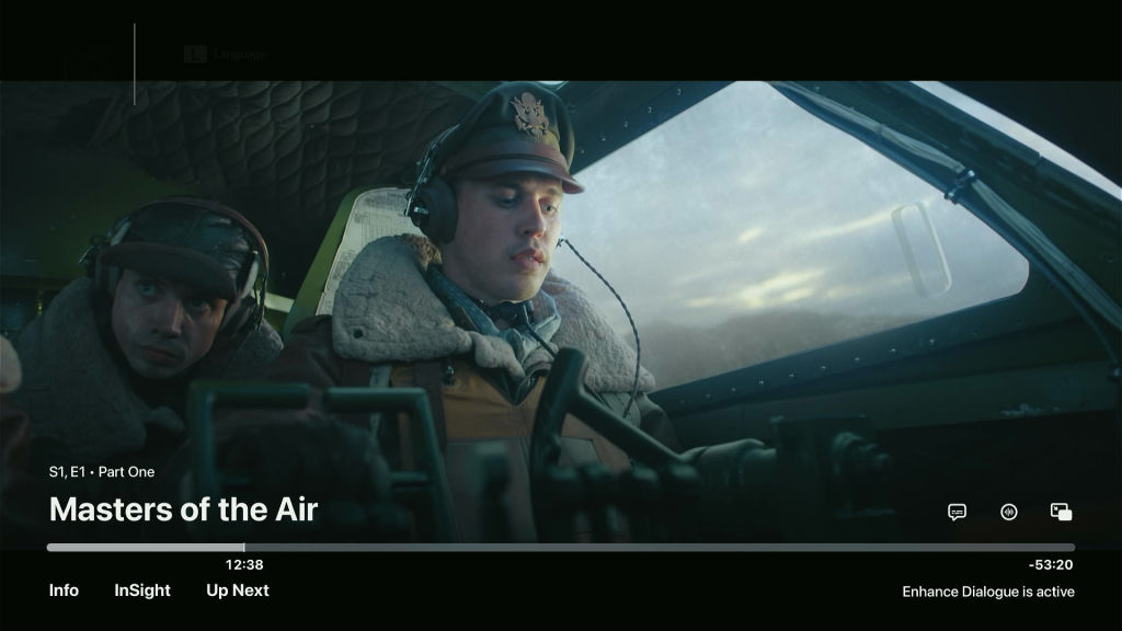 Masters of the Air playback screen with "Enhance Dialogue is active" message