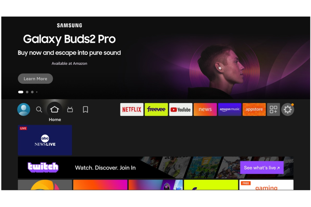 Fire TV home screen with Galaxy Buds2 Pro ad on top