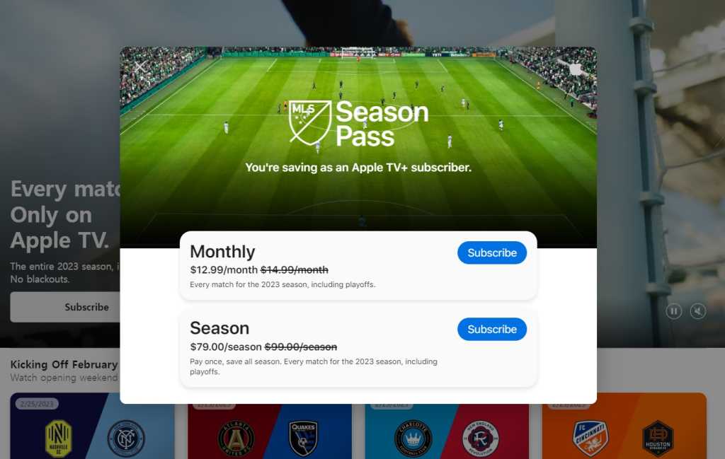 MLS Season Pass sign-up page with $20 annual discount