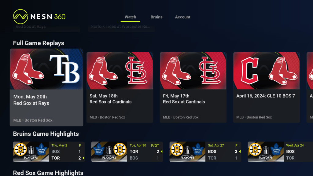 NESN 360 home screen showing Red Sox replays and Bruins highlights