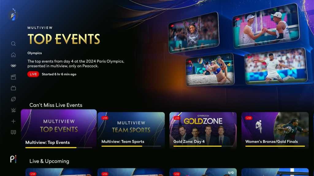 Peacock Olympics home page with Top Events multiview