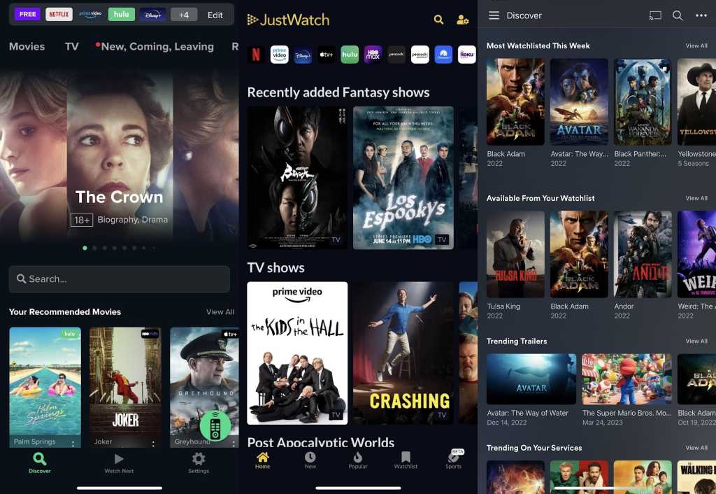 Reelgood, Plex, and JustWatch mobile apps