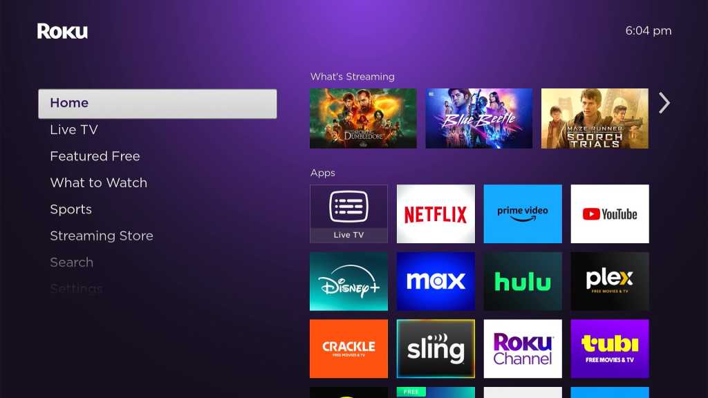 Roku app grid with "What's Streaming" row of three content tiles at the top