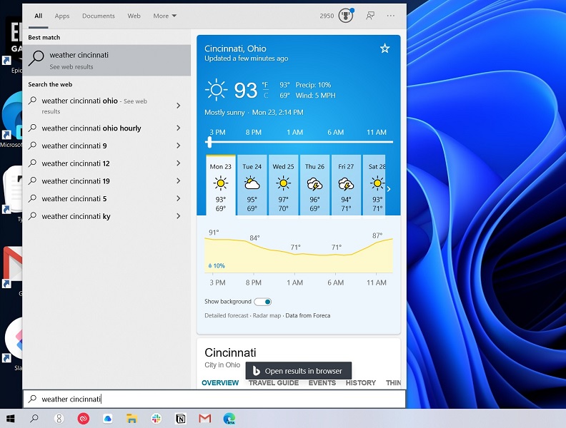 Weather results in Windows search