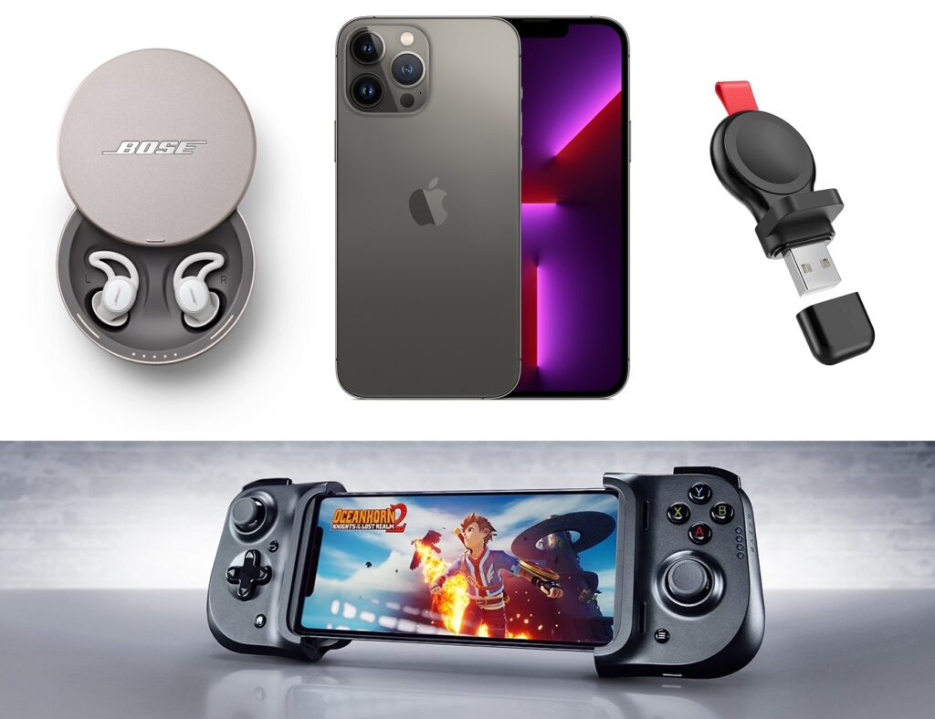 Bose Sleepbuds II, iPhone 13 Pro Max, Apple Watch charger, Razer Kishi